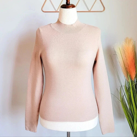 Revolve, 525 America New Latte Ribbed Mock Neck Stretch Knit Top Size Medium - Picture 1 of 10